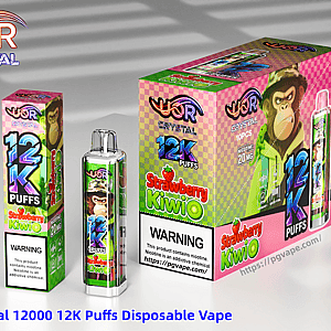 Bright packaging for UOR Crystal 12K Puffs Strawberry Kiwi disposable vape, with pink checkered boxes and a monkey image.
