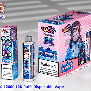 UOR Crystal 12K Puffs blueberry raspberry disposable vape packaging with a pink checkered box, gorilla mascot, and a blue bottle device.