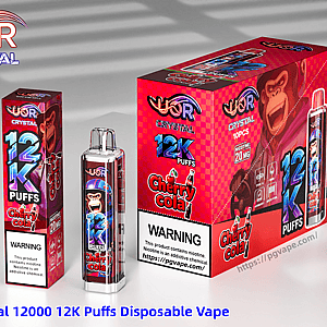 UOR Crystal 12K Puffs Cherry Cola disposable vape set with pink checkered packaging, a cartoon gorilla on the box, and a transparent device.