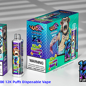 Colorful UOR Crystal 12K Puffs disposable vape packaging and device, Kiwi Passionfruit Guava flavor, with a warning label.