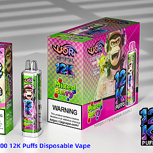 Bright multicolor UOR Crystal 12000 12K Puffs Mixed Berry disposable vape packaging with a cartoon monkey and a slim vape device.