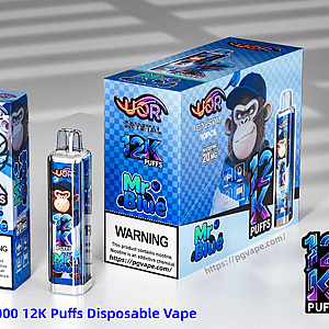 Blue UOR Crystal 12K Puffs Mr Blue disposable vape kit with monkey mascot, large display box, smaller box, and a vape device.