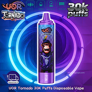 UOR Tornado 30K Puffs disposable vape bottle with a purple cap, featuring a hoodie-wearing monkey and a parrot on its shoulder against neon rings.