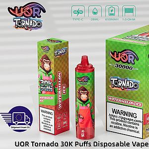 UOR Tornado 30K Puffs Watermelon Ice disposable vape with green checkered box, red bottle, and cartoon monkey mascot.