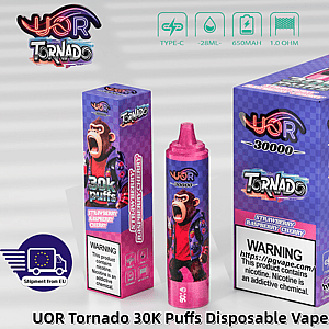 UOR Tornado 30K Puffs vape box with purple checkered design, monkey mascot, and Strawberry Raspberry Cherry flavor