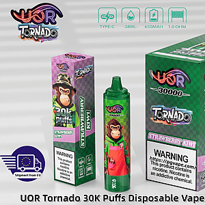 Green checkered UOR Tornado 30K Puffs disposable vape box with a cartoon monkey and a strawberry kiwi box