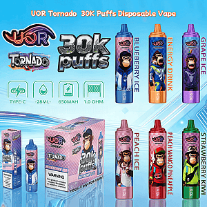 UOR Tornado 30K puffs disposable vapes with monkey artwork in flavors like Blueberry Ice, Energy Drink, Grape Ice, Peach Ice, and Strawberry Kiwi.