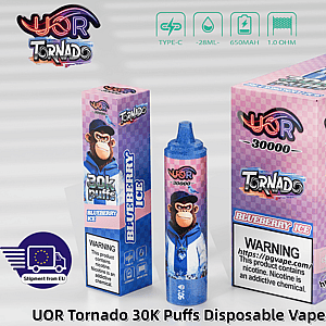 UOR Tornado 30K Puffs Blueberry Ice disposable vape with checkered packaging, a monkey mascot, and a blue-capped device.