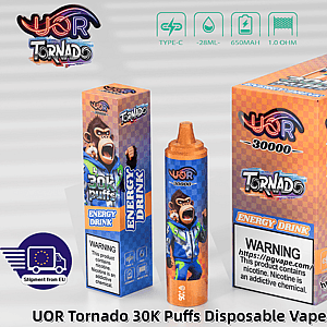 UOR Tornado 30K Puffs disposable vape packaging with orange checkerboard design, gorilla mascot, and energy drink label.
