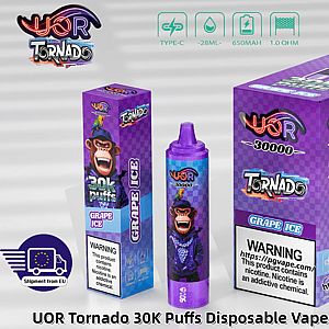 Purple UOR Tornado 30K Puffs grape ice disposable vape, featuring a cartoon monkey mascot on the box and a matching bottle.