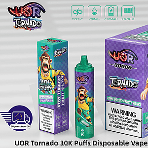 Purple checkered UOR Tornado 30K Puffs disposable vape packaging with a monkey mascot and Kiwi Passion Fruit Guava flavor.