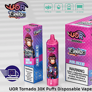 UOR Tornado 30K Puffs MR BLUE disposable vape packaging with a cartoon monkey on purple-pink boxes and a pink vape device.