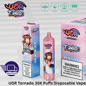 UOR Tornado 30K puffs disposable vape in peach ice with pink checkered packaging and a cartoon monkey mascot.