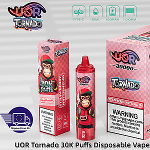 Pink checkered packaging for UOR Tornado 30K Puffs disposable vape with a cartoon monkey mascot, strawberry watermelon flavor.