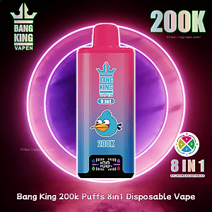 Gradient pink Bang King disposable vape with a blue bird logo and 8-in-1 flavors, set against a neon ring backdrop.