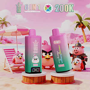 Two pink-to-teal Bang King 8 in 1 vape bottles with 200K sit on wooden pedestals on a pink beach, with cartoon birds and a pig in armor nearby.
