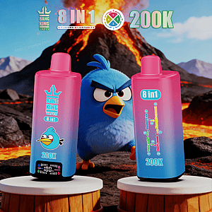 Two pink gradient vape bottles labeled 8 in 1 and 200K flank a blue cartoon bird, with an erupting volcano and lava in the background.