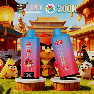 Two blue gradient vape bottles labeled 8 in 1 and 200K stand on pedestals among Angry Birds characters with a Chinese temple backdrop.