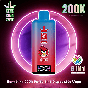 Bang King Vapen disposable vape with a red-to-blue gradient, crown logo, Angry Bird graphic, 200K puffs, and 8 in 1 flavors.