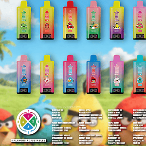 Two rows of colorful gradient vape bottles with cartoon characters on the labels, arranged against a bright tropical backdrop.