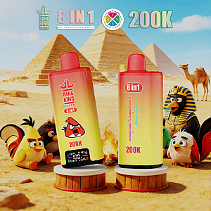 Two gradient red-yellow vape devices labeled 8 in 1 and 200K stand on pedestals in a desert with pyramids and cartoon birds