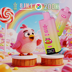 Pink cartoon chick on a pedestal blows bubbles beside gradient Bang King 8 in 1 vape bottles labeled 200K, set against a candy rainbow background.