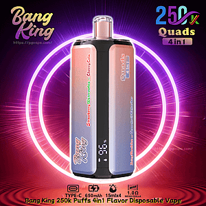 Bang King 250K Puffs Quads 4in1 disposable vape with pink-to-blue gradient body and four flavors: Strawberry Watermelon.