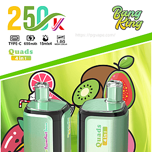 Two Bang King Quads 4-in-1 vape pods with fruity artwork on bright packaging.