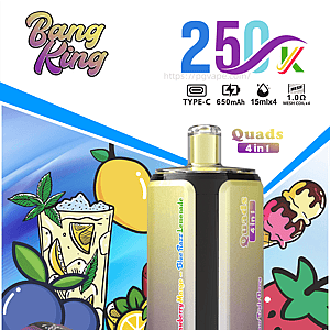 Vape mod with gradient purple to gold panels labeled Quads 4 in 1, standing upright next to a yellow e-liquid bottle, set against a vivid fruit and dessert illustration.
