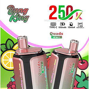 Three pink-topped vape pens with green gradient bodies labeled Quads 4 in 1, set against a background and Bang King logo