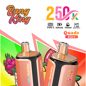 Two pink Bang King Quad 4-in-1 vape devices with 650mAh batteries and 15ml x4 e-liquid, set against a colorful background.