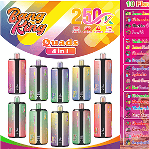 Bright Bang King Quads 4 in 1 banner with colorful bottles and a right-side panel listing 10 flavors.