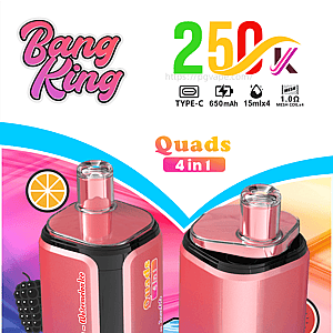 Two pink gradient quad vape devices in front of vibrant packaging with Bang King logo and Quads 4 in 1.