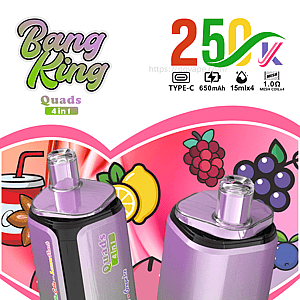 Two purple-to-green gradient vape devices with fruit-themed packaging against a pink fruit graphic and Bang King Quads 4 in 1 logo.