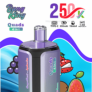 Gradient purple-to-green vape mod with a purple tank and display labeled Quads 4 in 1, shown with fruit graphics.