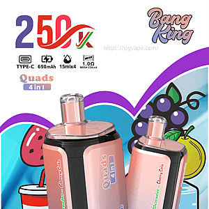 Two pink gradient vape pens with rose-gold mouthpieces in front of fruit-themed packaging reading Quads 4 in 1 and Bang King.