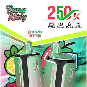 Bang King Quads 4in1 pod vape with lime-pink gradient bodies, two devices shown amid bright fruit graphics.