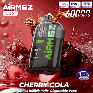 Airmez Lux disposable vape in gray with green AIRMEZ Lux text, cherry cola flavor label, splash of cherries.