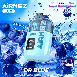 Blue disposable vape with a transparent cap, labeled AIRMEZ LUX and 99% TURBO, placed among blueberries and ice.