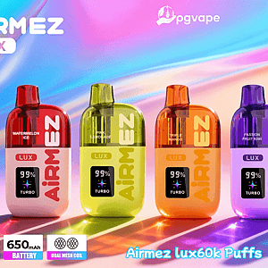 Five colorful Airmez Lux disposable vapes in several flavors on a gradient background; 30 ml, 650 mAh, dual mesh coil.