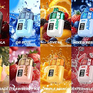 A grid of twelve colorful AIRMEN bottles, each with a flavor label, set against fruity splash backgrounds.