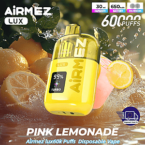 Bright yellow Airmez Lux Pink Lemonade disposable vape bottle with lemons and a pink lemonade drink in the background.