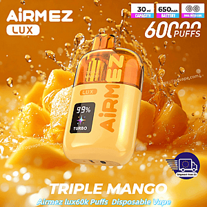 Airmez Lux Triple Mango disposable vape with 60k puffs, 30 ml capacity and 650 mAh battery, against a mango splash.