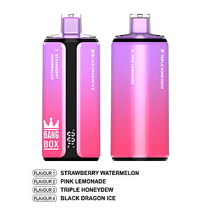 Two gradient pink‑to‑purple Bang Box vape devices with flavor labels Strawberry Watermelon, Black Dragon Ice, Pink Lemonade, and Triple Honeydew.