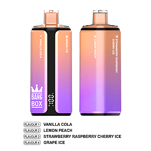 Two gradient peach-to-purple Bang Box disposable vape pens, one with a black center display and flavor labels on the sides.