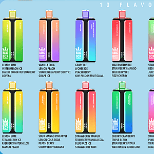 Ten Bang Box flavor bottles with gradient colors arranged in two rows on a blue background, each labeled with a fruit flavor.