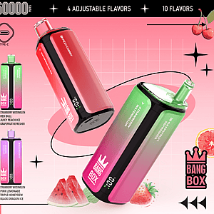 Bright pink Bang Box promo with a grid of colorful disposable vape flavors and a large gradient vape on the right.