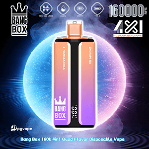 Bang Box 160k 4in1 disposable vape with vanilla cola and grape ice flavors, gradient panels, crown logo, cosmic background.