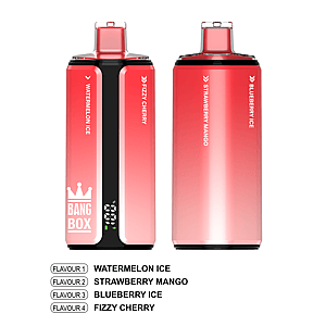 Two pink Bang Box vapes side by side; left Watermelon Ice and Fizzy Cherry, right Strawberry Mango and Blueberry Ice