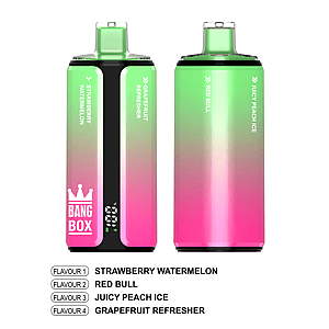 Two gradient pink-to-green vape devices with Bang Box branding.